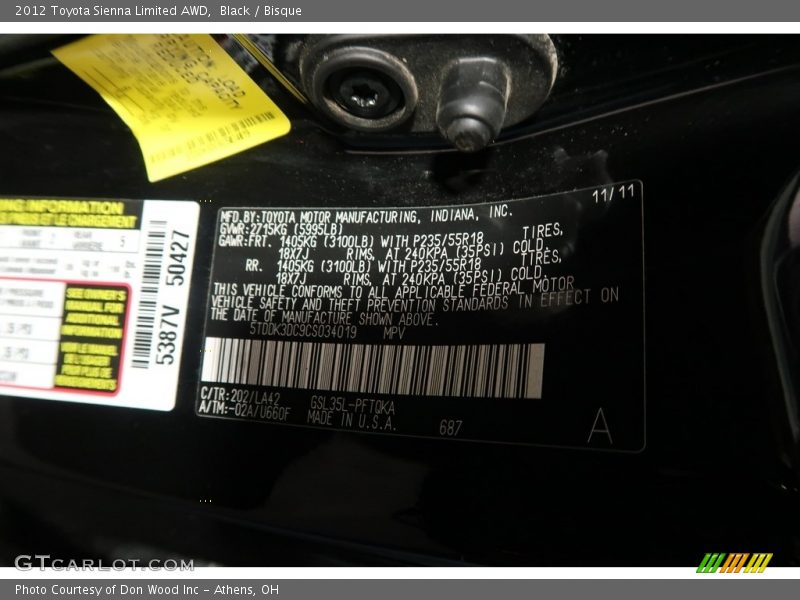 Black / Bisque 2012 Toyota Sienna Limited AWD