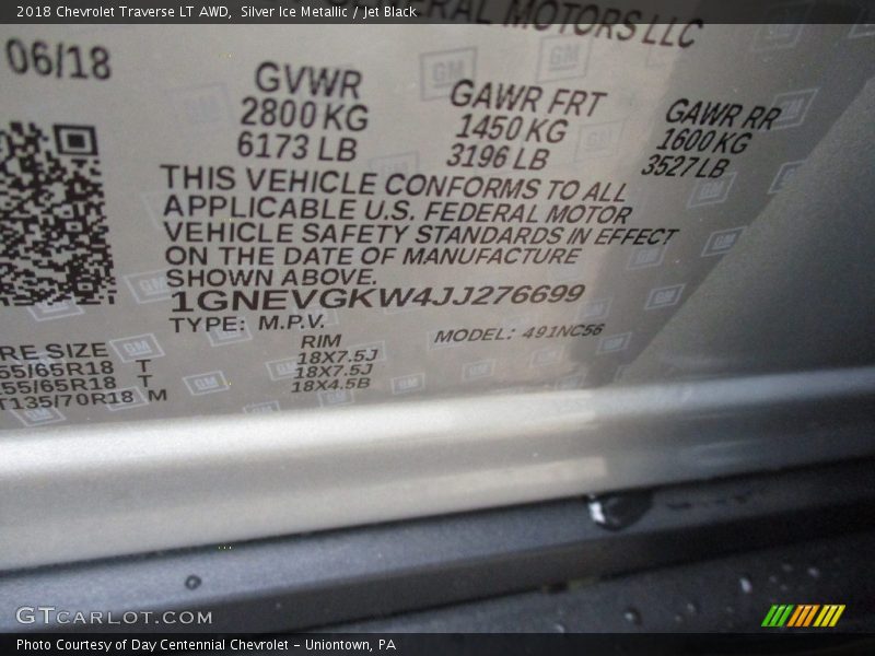 Silver Ice Metallic / Jet Black 2018 Chevrolet Traverse LT AWD