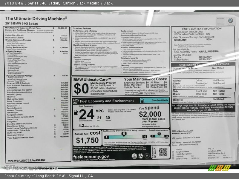 Carbon Black Metallic / Black 2018 BMW 5 Series 540i Sedan
