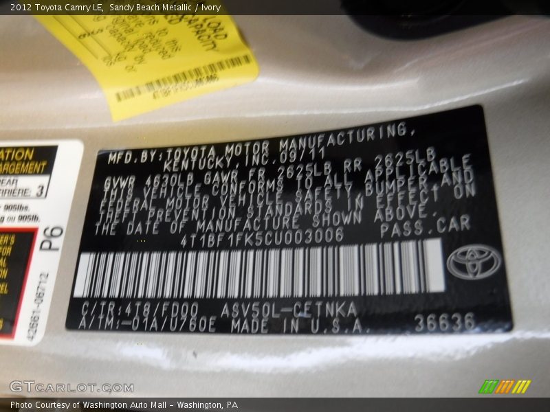 Sandy Beach Metallic / Ivory 2012 Toyota Camry LE