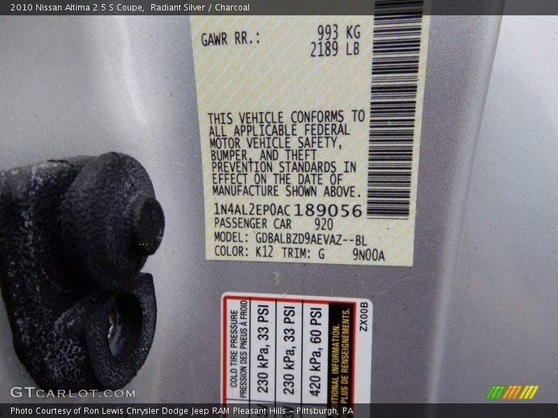 Radiant Silver / Charcoal 2010 Nissan Altima 2.5 S Coupe