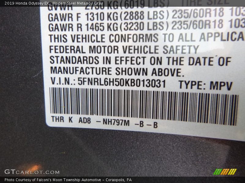 Modern Steel Metallic / Gray 2019 Honda Odyssey EX