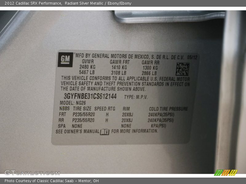 Radiant Silver Metallic / Ebony/Ebony 2012 Cadillac SRX Performance