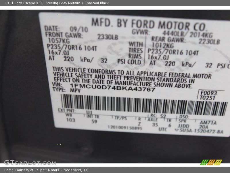 Sterling Grey Metallic / Charcoal Black 2011 Ford Escape XLT