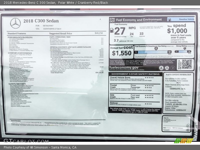Polar White / Cranberry Red/Black 2018 Mercedes-Benz C 300 Sedan