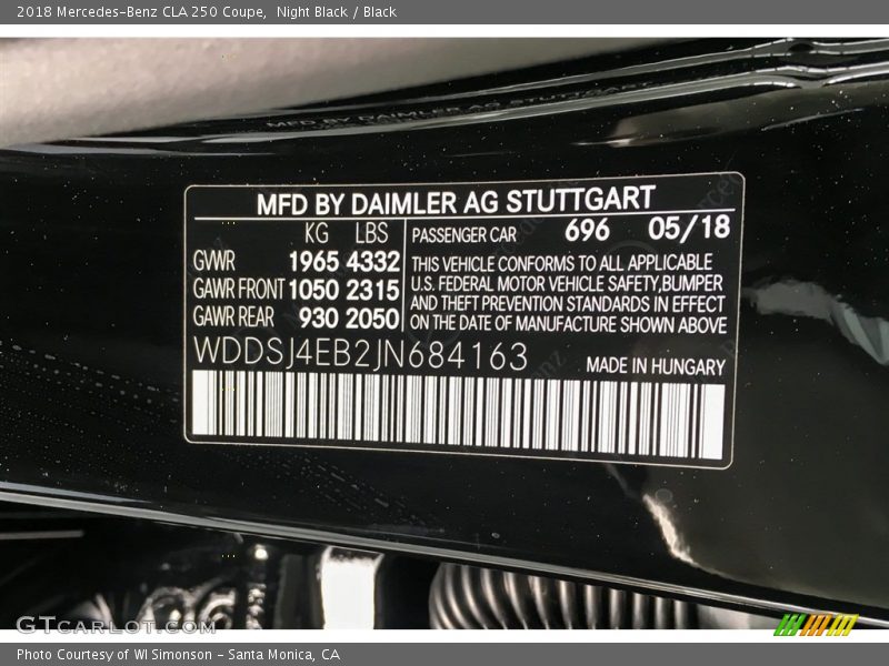 Night Black / Black 2018 Mercedes-Benz CLA 250 Coupe