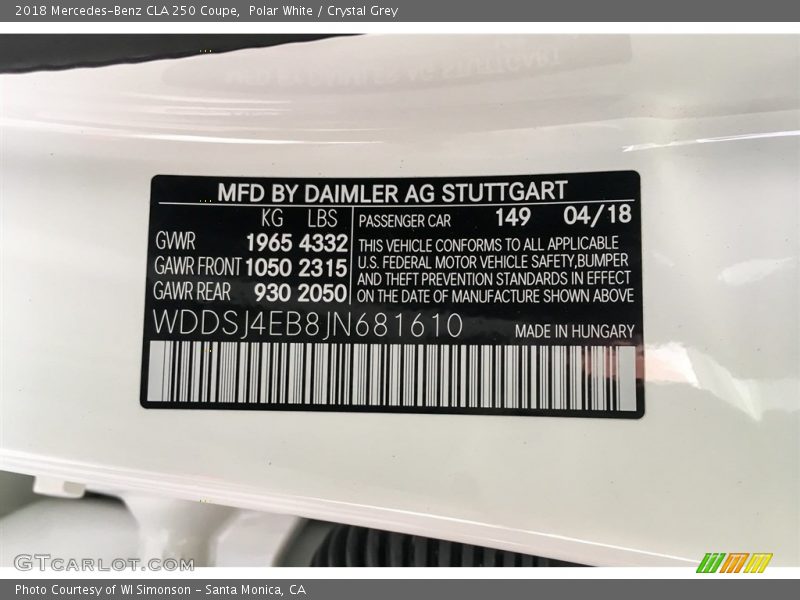2018 CLA 250 Coupe Polar White Color Code 149
