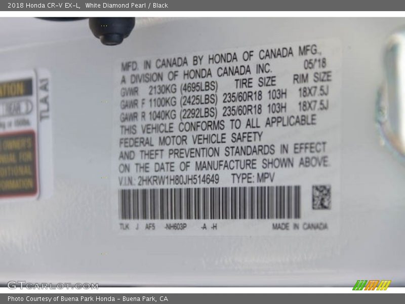 White Diamond Pearl / Black 2018 Honda CR-V EX-L