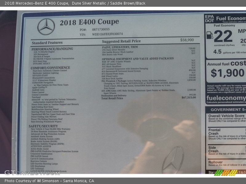 Dune Silver Metallic / Saddle Brown/Black 2018 Mercedes-Benz E 400 Coupe