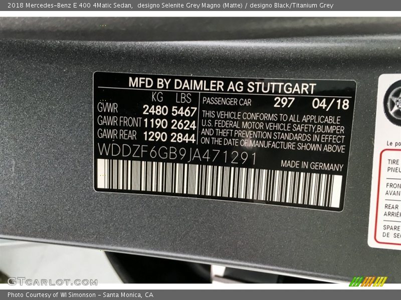 2018 E 400 4Matic Sedan designo Selenite Grey Magno (Matte) Color Code 297