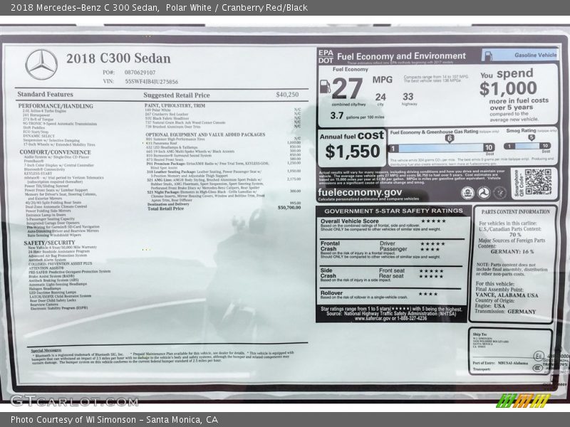 Polar White / Cranberry Red/Black 2018 Mercedes-Benz C 300 Sedan