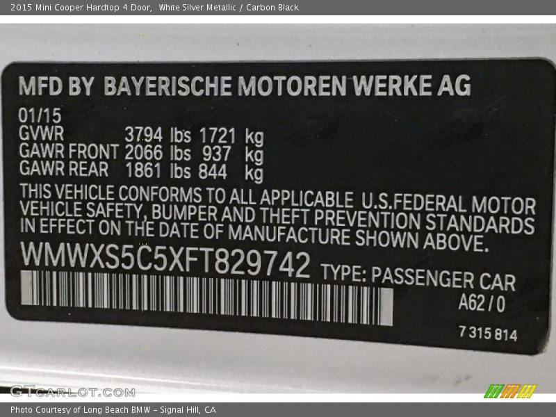 White Silver Metallic / Carbon Black 2015 Mini Cooper Hardtop 4 Door