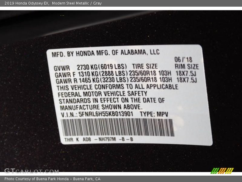 2019 Odyssey EX Modern Steel Metallic Color Code NH797M