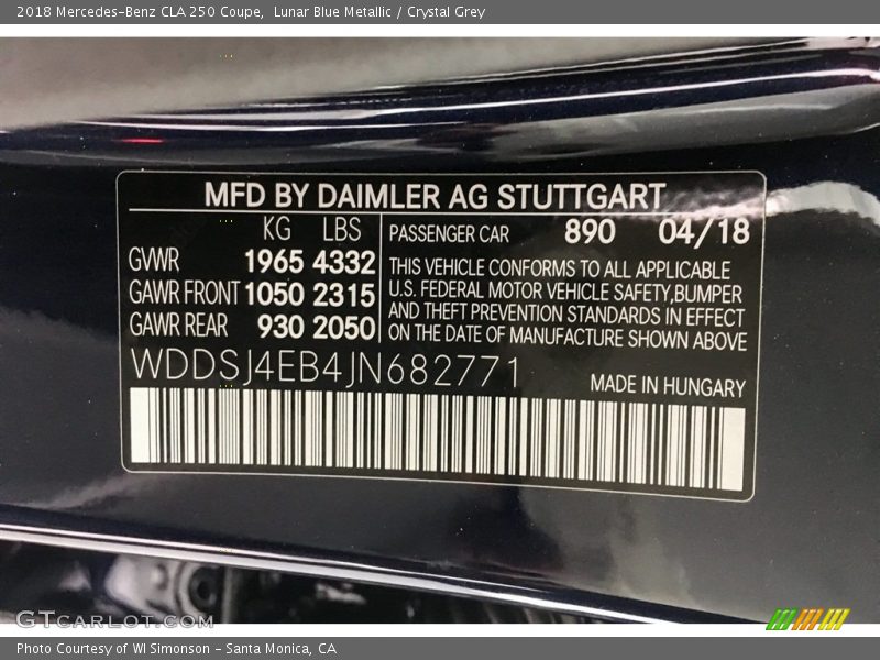 Lunar Blue Metallic / Crystal Grey 2018 Mercedes-Benz CLA 250 Coupe