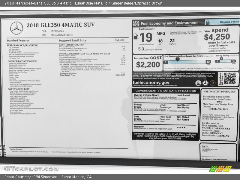 Lunar Blue Metallic / Ginger Beige/Espresso Brown 2018 Mercedes-Benz GLE 350 4Matic