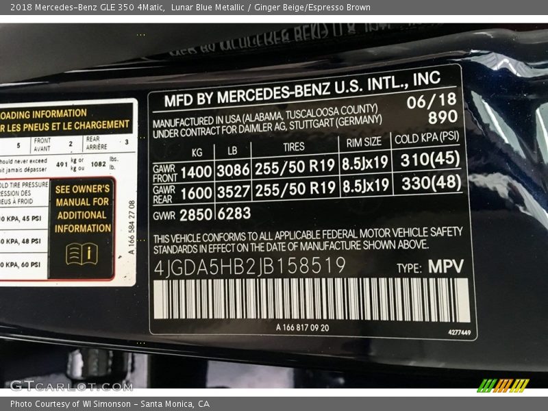 Lunar Blue Metallic / Ginger Beige/Espresso Brown 2018 Mercedes-Benz GLE 350 4Matic