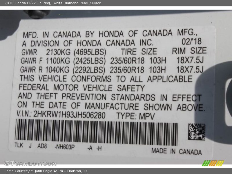 White Diamond Pearl / Black 2018 Honda CR-V Touring
