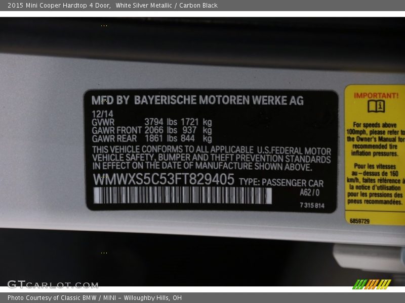 White Silver Metallic / Carbon Black 2015 Mini Cooper Hardtop 4 Door