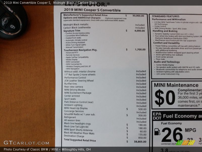  2019 Convertible Cooper S Window Sticker