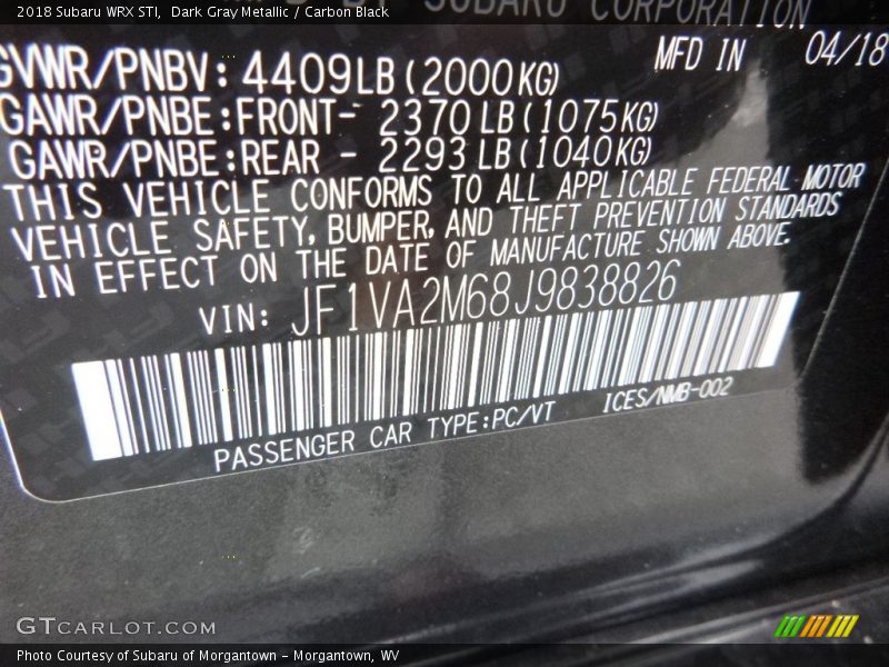 Dark Gray Metallic / Carbon Black 2018 Subaru WRX STI