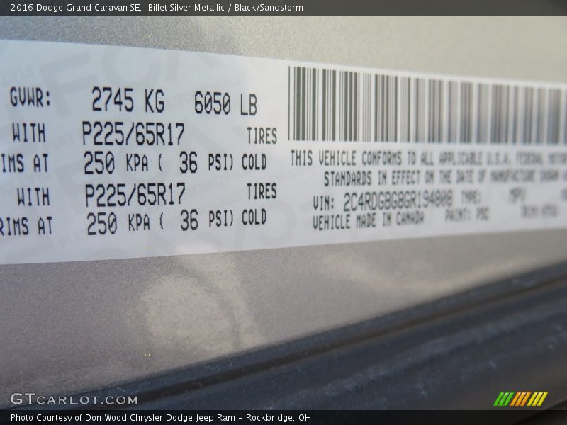 Billet Silver Metallic / Black/Sandstorm 2016 Dodge Grand Caravan SE