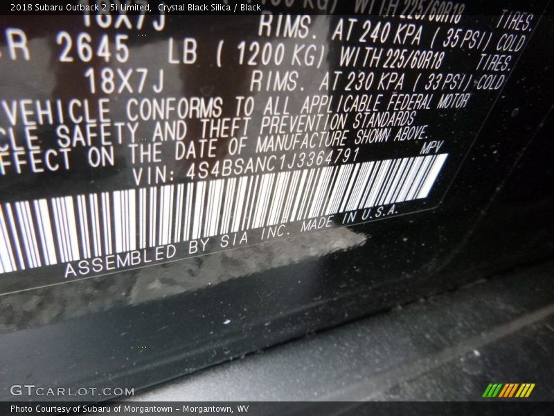 Crystal Black Silica / Black 2018 Subaru Outback 2.5i Limited