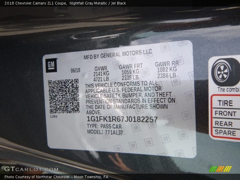Nightfall Gray Metallic / Jet Black 2018 Chevrolet Camaro ZL1 Coupe