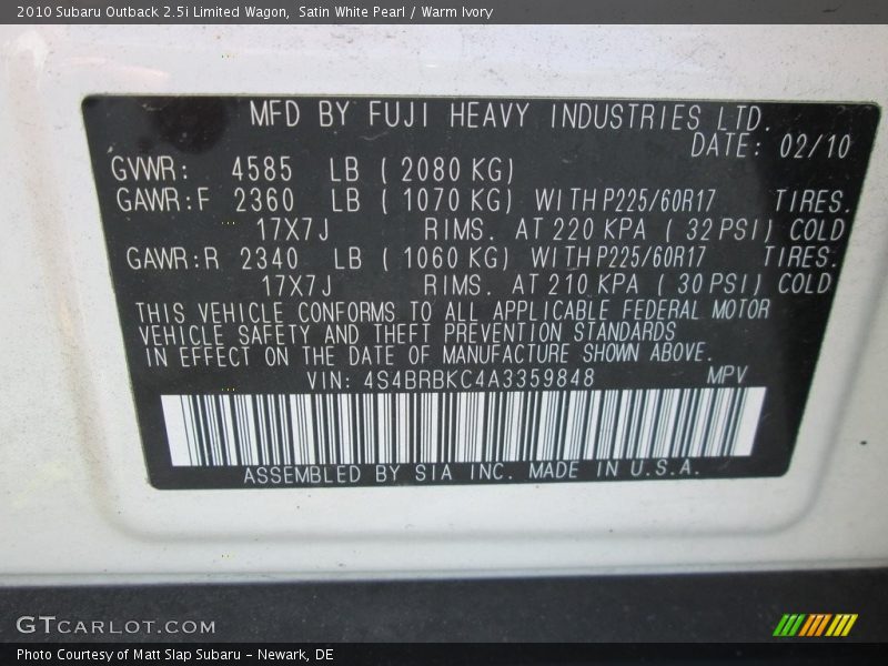 Satin White Pearl / Warm Ivory 2010 Subaru Outback 2.5i Limited Wagon