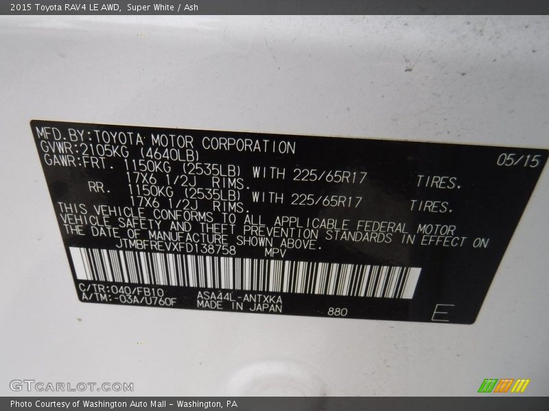 Super White / Ash 2015 Toyota RAV4 LE AWD