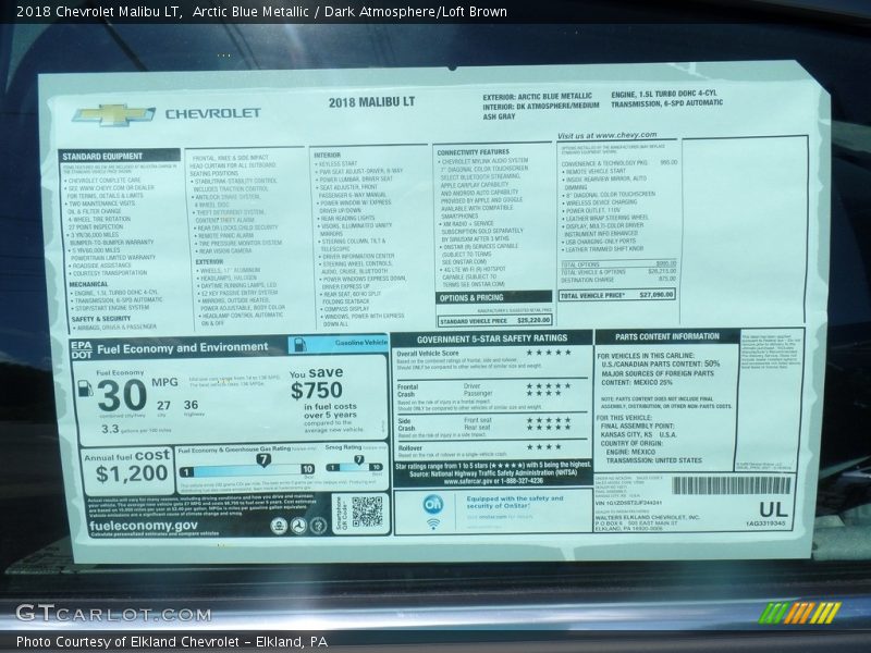 Arctic Blue Metallic / Dark Atmosphere/Loft Brown 2018 Chevrolet Malibu LT