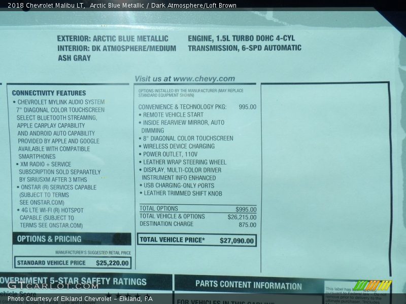 Arctic Blue Metallic / Dark Atmosphere/Loft Brown 2018 Chevrolet Malibu LT