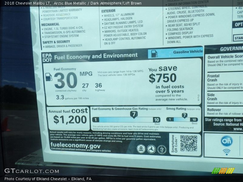 Arctic Blue Metallic / Dark Atmosphere/Loft Brown 2018 Chevrolet Malibu LT