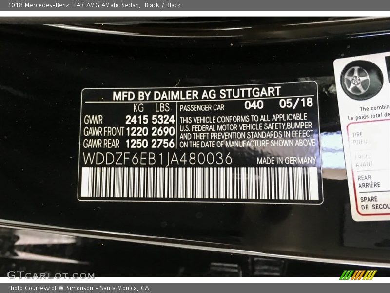 2018 E 43 AMG 4Matic Sedan Black Color Code 040