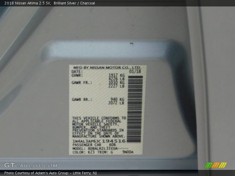 Brilliant Silver / Charcoal 2018 Nissan Altima 2.5 SV