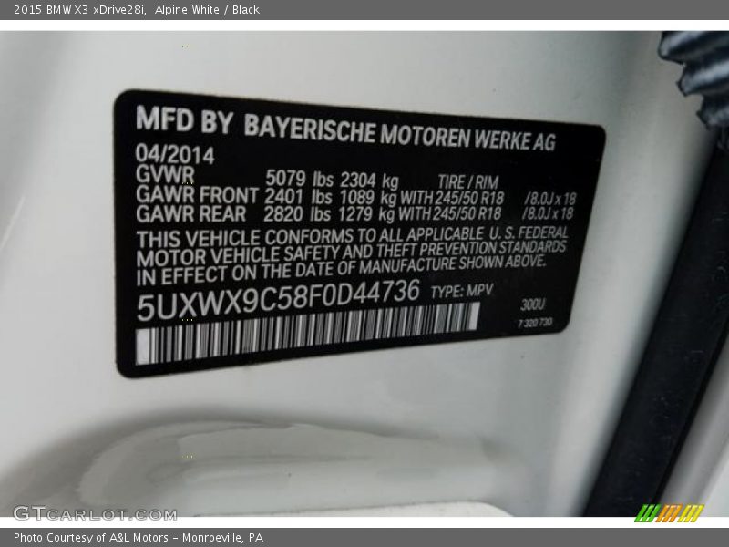 Alpine White / Black 2015 BMW X3 xDrive28i