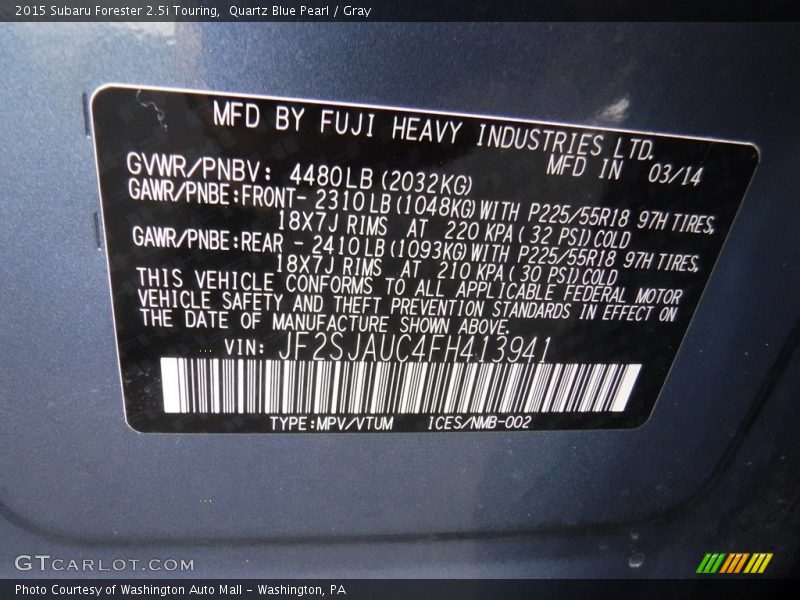 Quartz Blue Pearl / Gray 2015 Subaru Forester 2.5i Touring