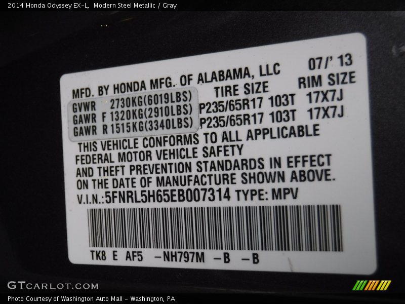 Modern Steel Metallic / Gray 2014 Honda Odyssey EX-L