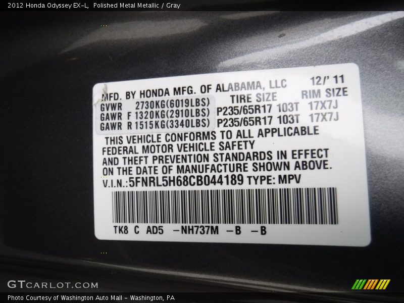Polished Metal Metallic / Gray 2012 Honda Odyssey EX-L