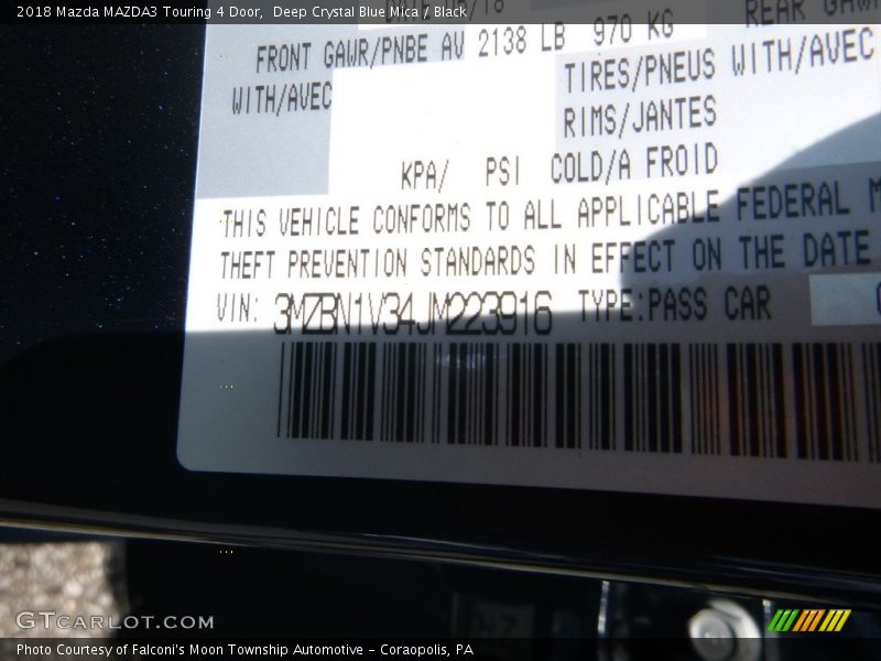 Deep Crystal Blue Mica / Black 2018 Mazda MAZDA3 Touring 4 Door