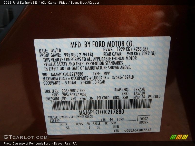 Canyon Ridge / Ebony Black/Copper 2018 Ford EcoSport SES 4WD