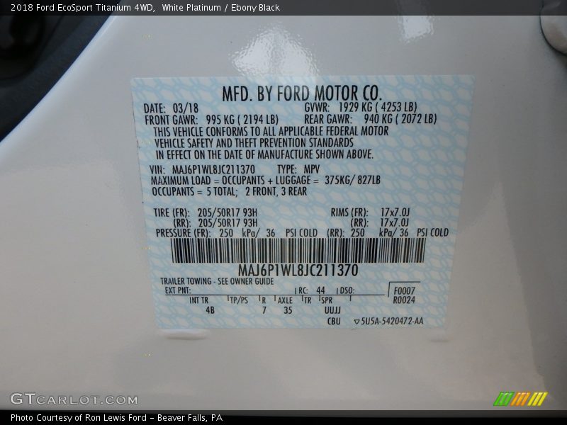White Platinum / Ebony Black 2018 Ford EcoSport Titanium 4WD