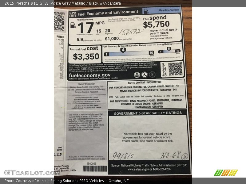 Agate Grey Metallic / Black w/Alcantara 2015 Porsche 911 GT3