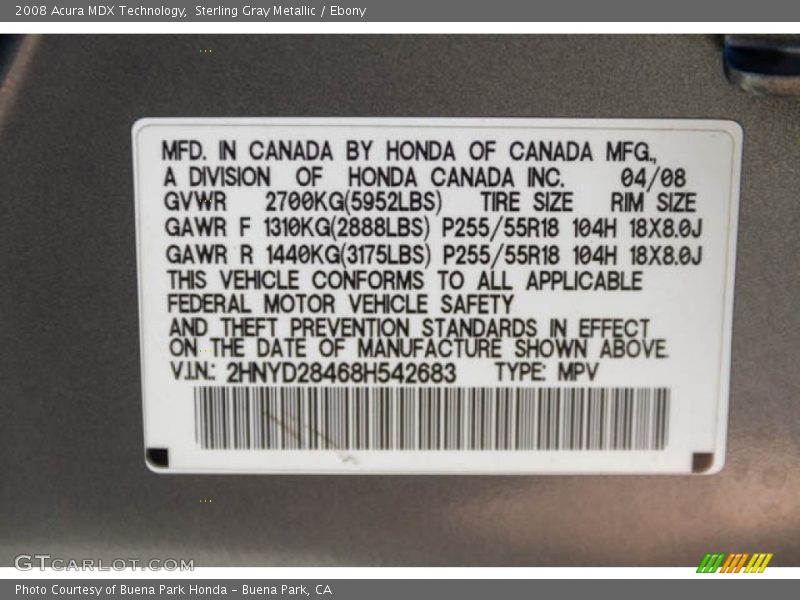 Sterling Gray Metallic / Ebony 2008 Acura MDX Technology