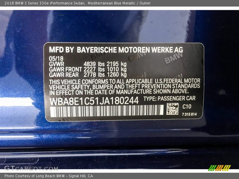 2018 3 Series 330e iPerformance Sedan Mediterranean Blue Metallic Color Code C10