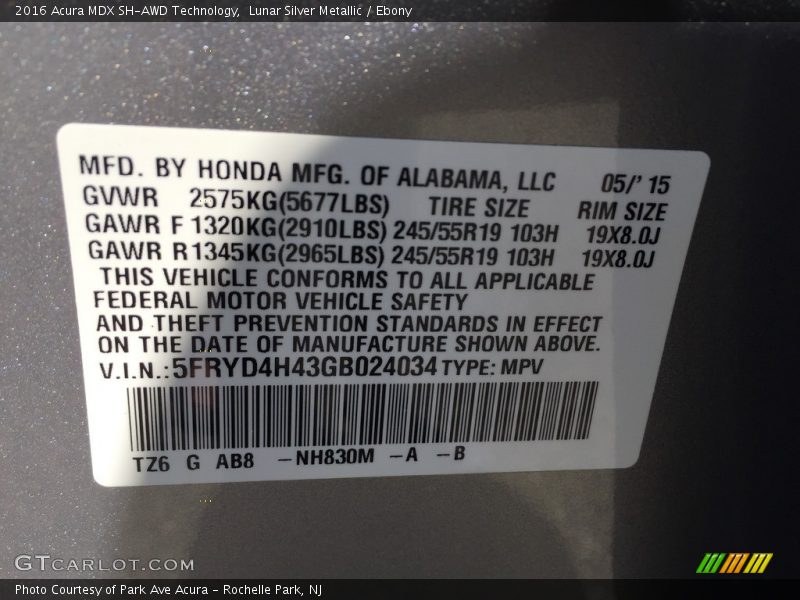 Lunar Silver Metallic / Ebony 2016 Acura MDX SH-AWD Technology