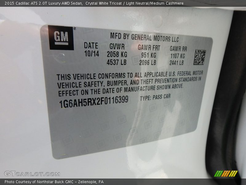Crystal White Tricoat / Light Neutral/Medium Cashmere 2015 Cadillac ATS 2.0T Luxury AWD Sedan