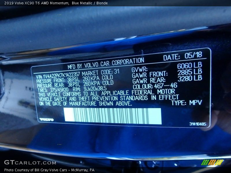 Blue Metallic / Blonde 2019 Volvo XC90 T6 AWD Momentum