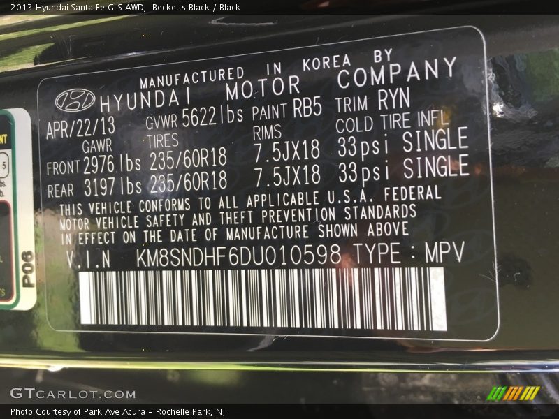 Becketts Black / Black 2013 Hyundai Santa Fe GLS AWD