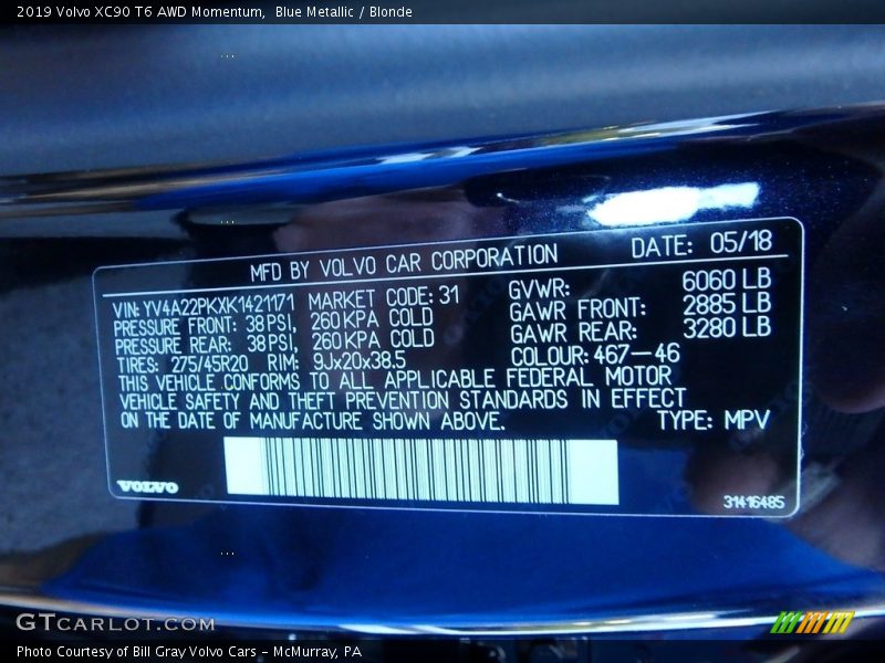 Blue Metallic / Blonde 2019 Volvo XC90 T6 AWD Momentum