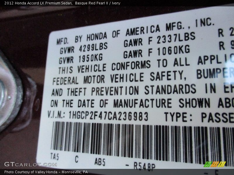 Basque Red Pearl II / Ivory 2012 Honda Accord LX Premium Sedan